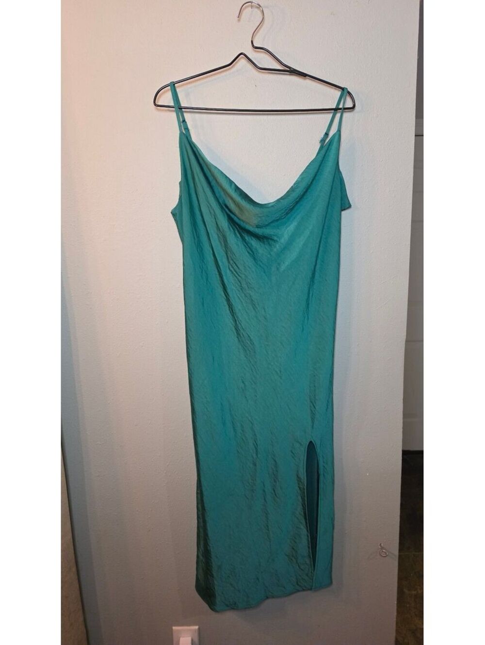 Justify Teal Satin Cowl Neck Slip Midi Dress Side Slit Women's XL